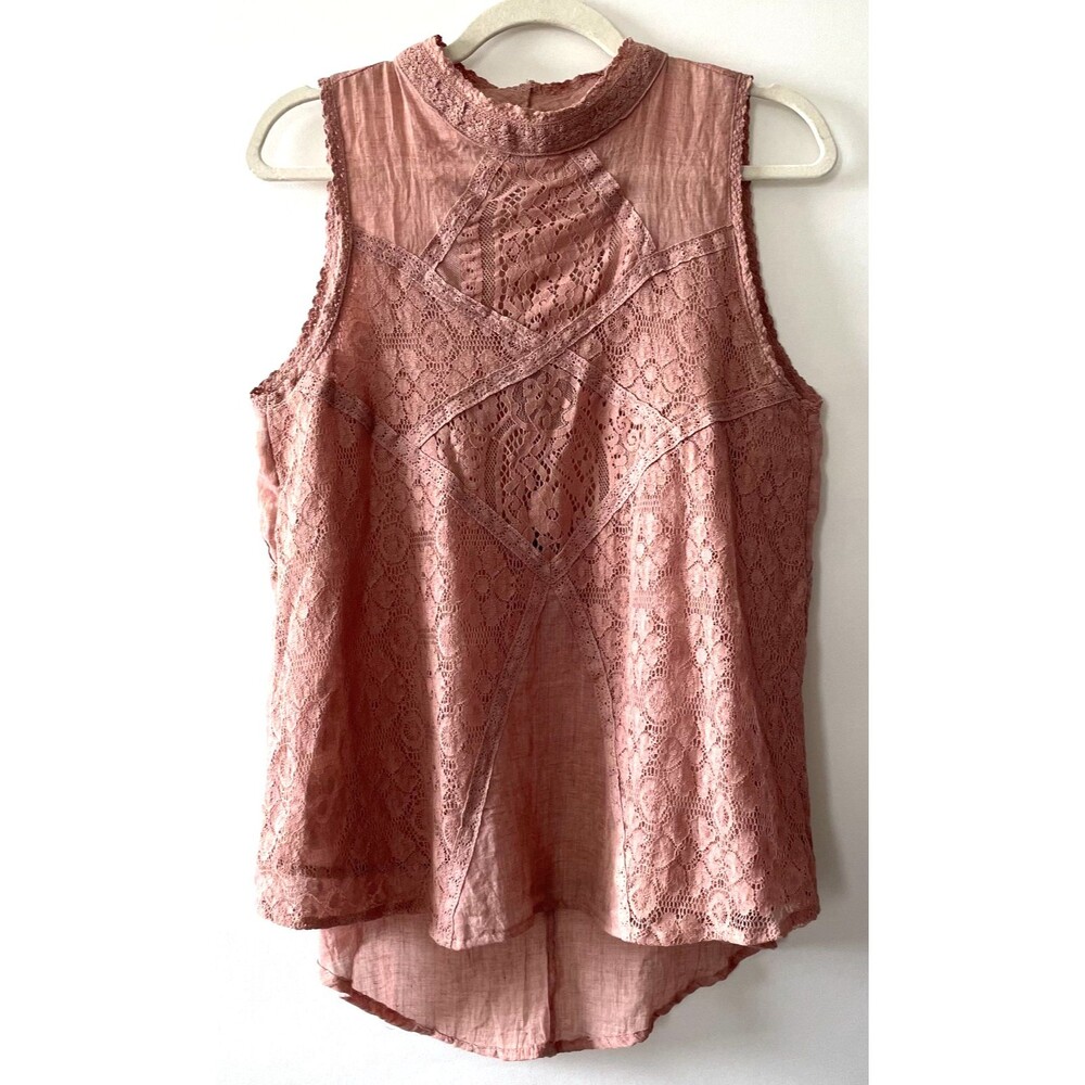 Umgee USA Blouse Womens M Pink Lace Sleeveless Boho Hi Low Mock Neck Top